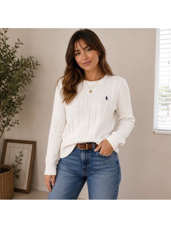 Ralph Lauren Sweaters - VTG Ralph Lauren Womens Cotton Cable Knit Crew Neck Sweater RLL Logo White L
